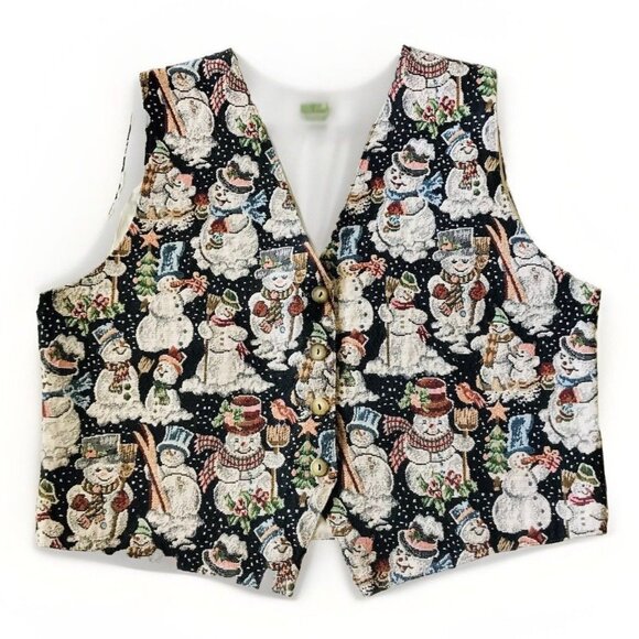 Vintage Christmas Vest Holiday Snowman Size XL Tapestry White Lined‎ - Picture 1 of 7